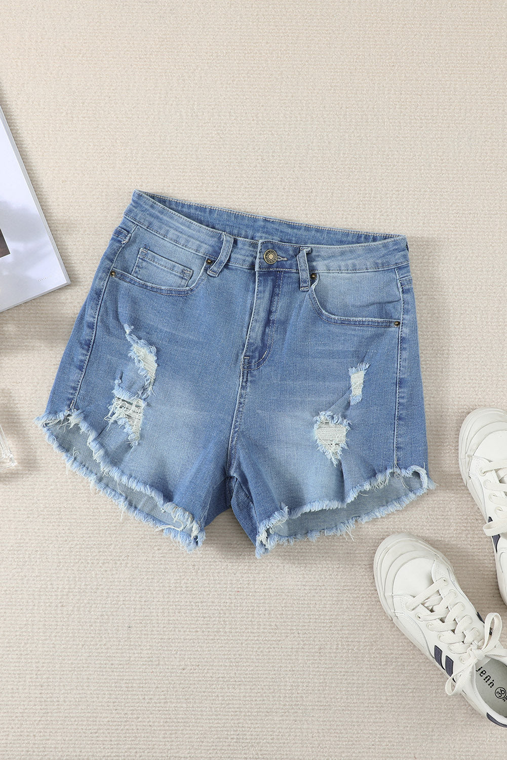 Light Blue Frayed Hem Denim Shorts