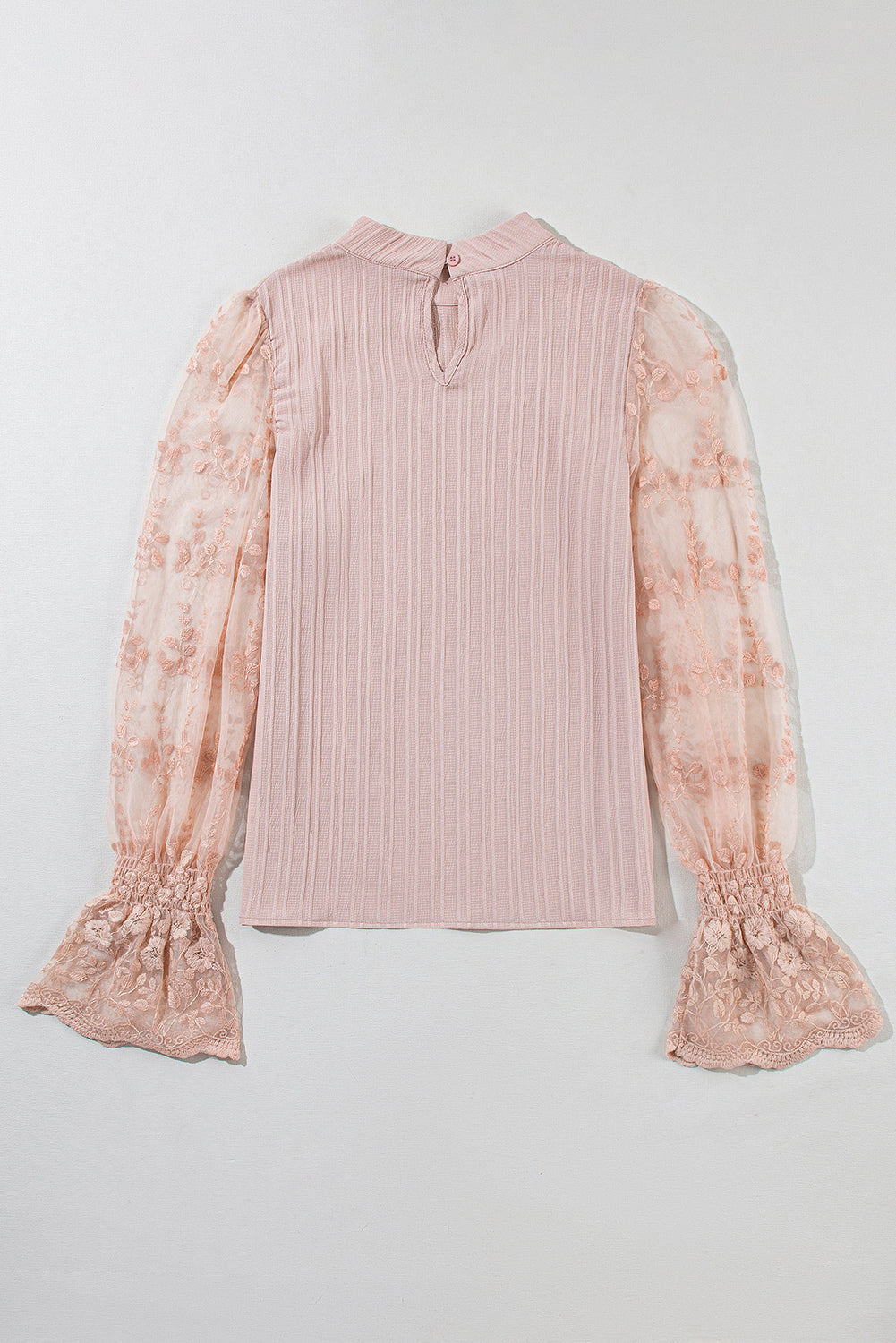 Apricot Pink Contrast Lace Sleeve Mock Neck Textured Blouse