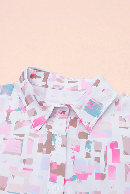 Multicolor Abstract Print Lantern Sleeve Casual Shirt