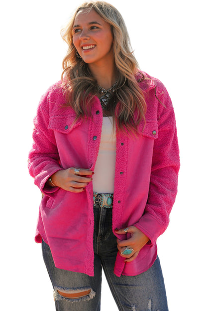 Bright Pink Faux Suede Sherpa Patchwork Button-up Shacket