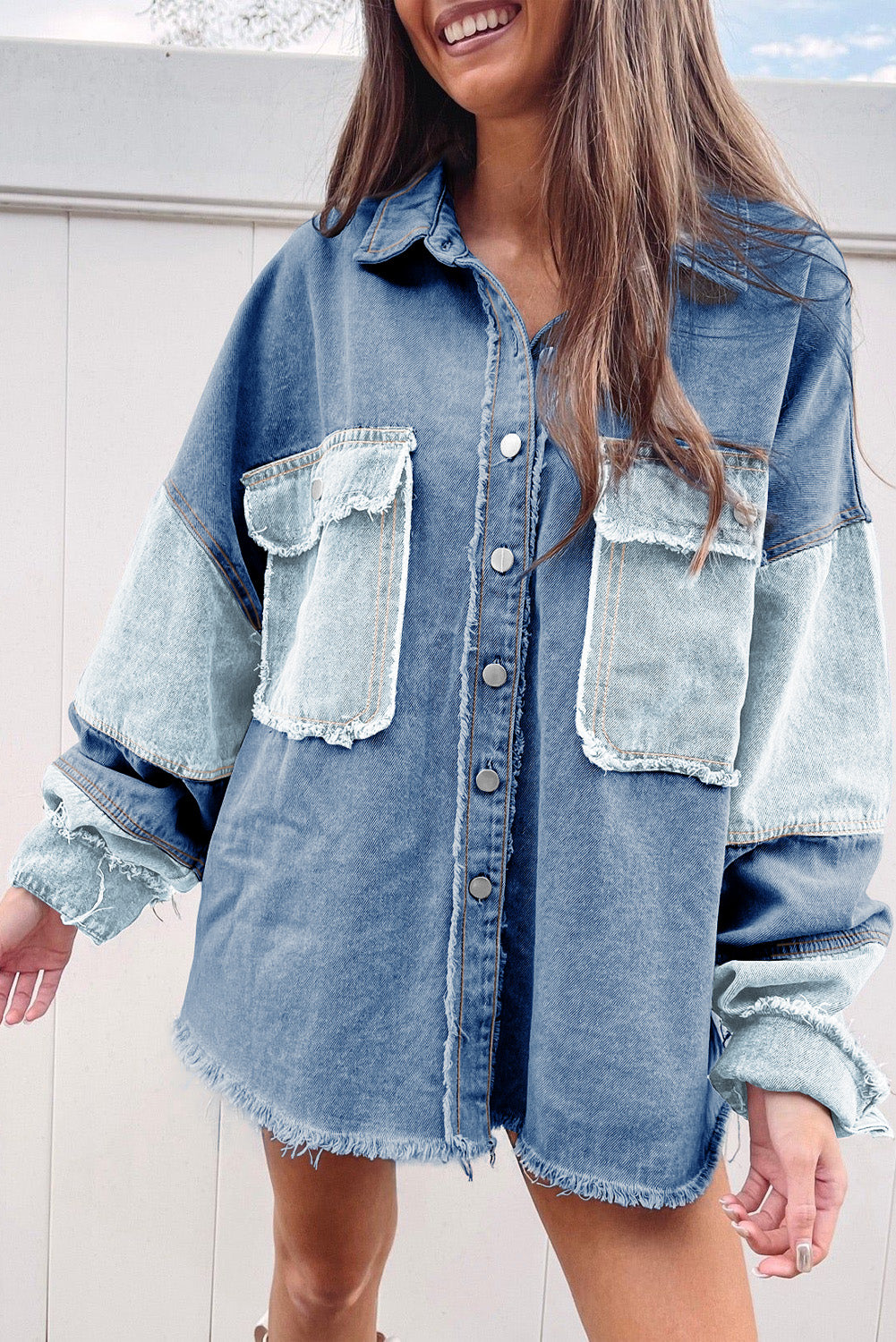 Blue Color Block Frayed Patchwork Oversize Denim Jacket