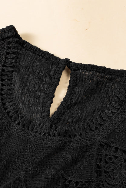 Black Guipure Lace Crochet Keyhole Back Tank Top