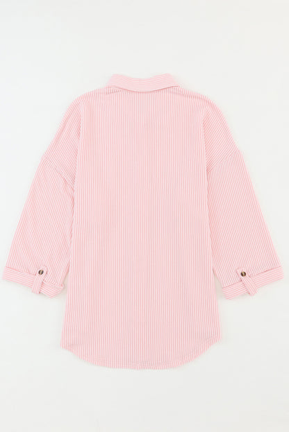 Pink Roll Tab Sleeve Ribbed Cording Shacket