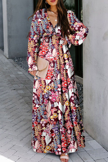 Violet V Neck Floral Print Empire Waist Maxi Dress