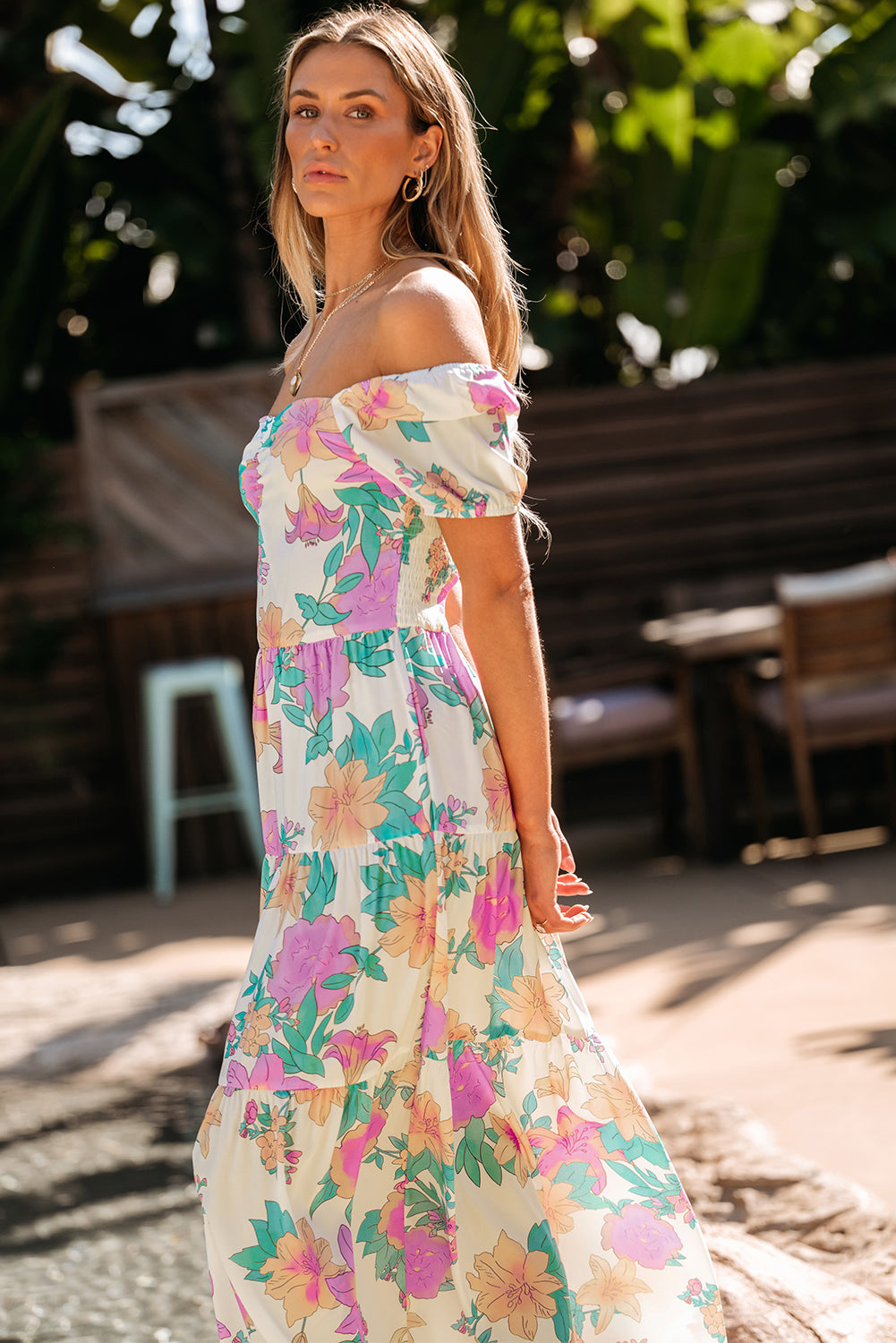 Multicolor Square Neck Puff Sleeve Tiered Floral Maxi Dress