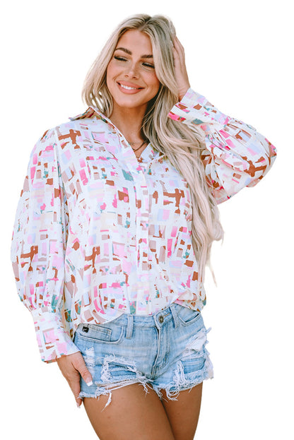 Multicolor Abstract Print Lantern Sleeve Casual Shirt