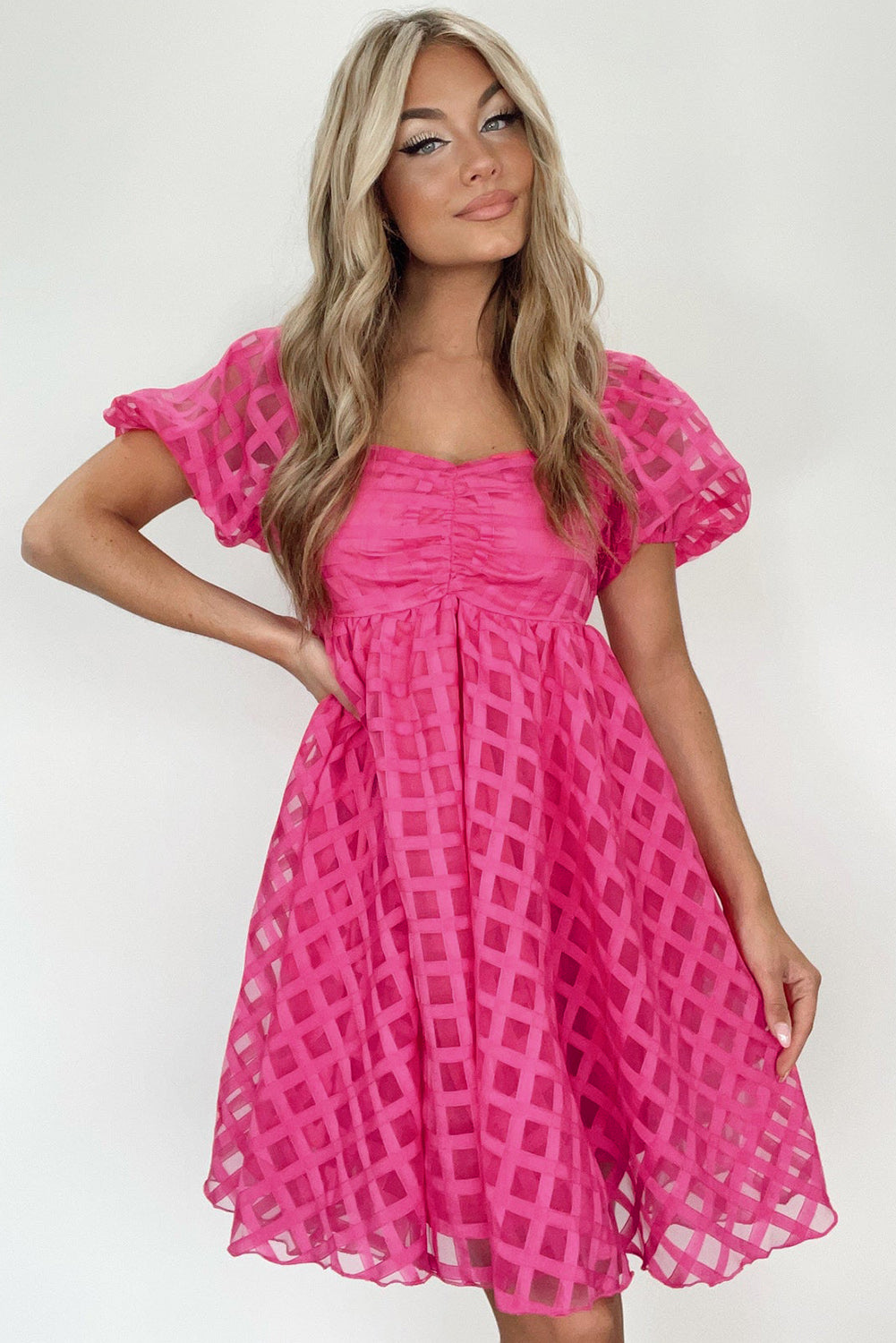 Strawberry Pink Checkered Puff Sleeve Babydoll Dress