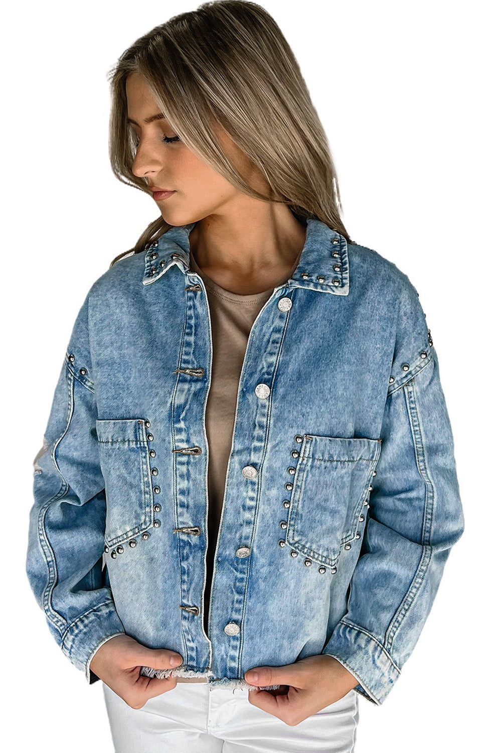 Sky Blue Studded Acid Wash Denim Jacket