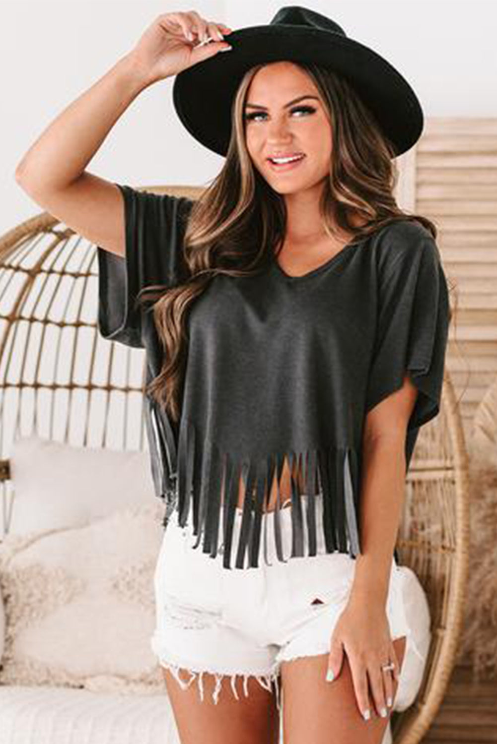 Black Fringe Hem V Neck T Shirt