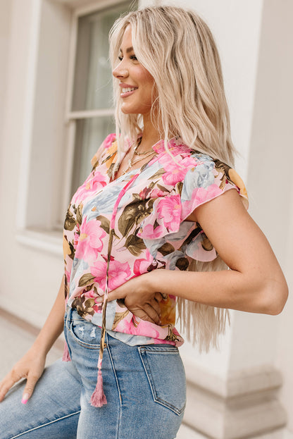 Pink Floral Print Tassel Tie Short Sleeve Blouse