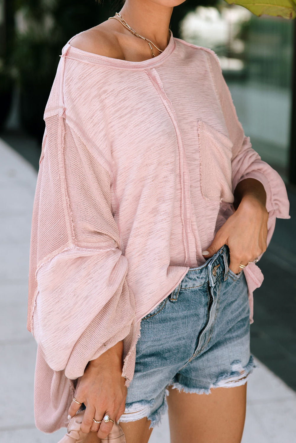 Pink Exposed Seam Chest Pocket Loose Sleeve Oversized Top