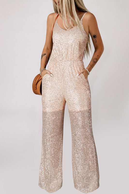 Gold Sequined V Neck Sleeveless High Waist Jumpsuit