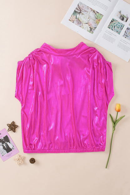 Bright Pink Ruched Sleeves Knotted Backless Blouse