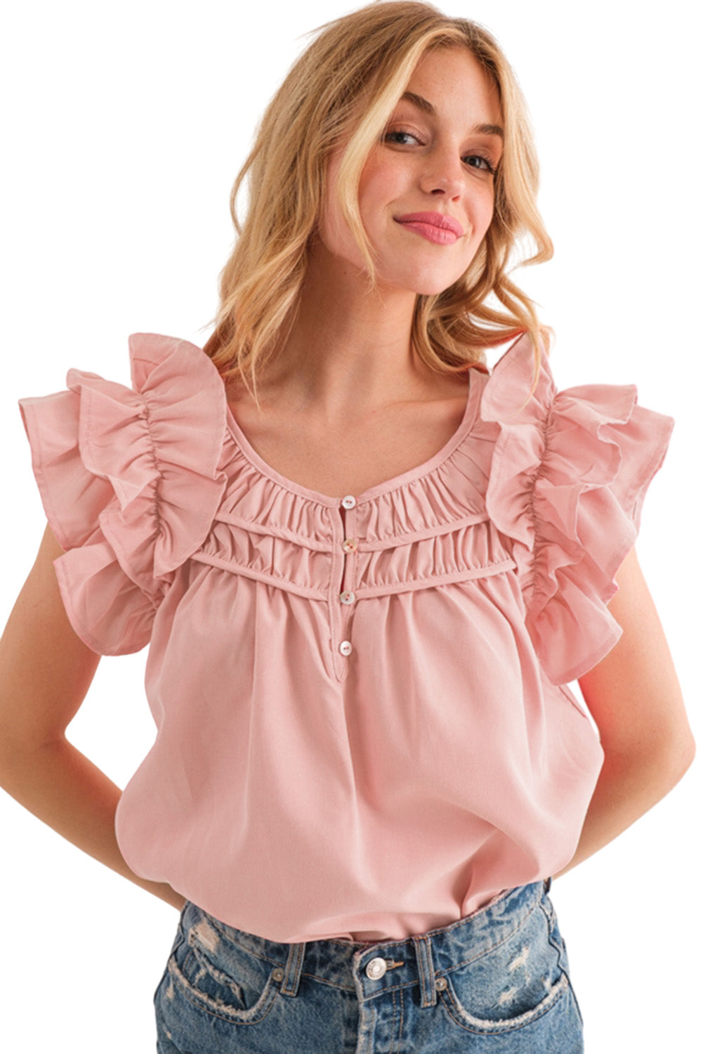 Peach Blossom Shirring Buttoned Neck Ruffle Sleeve Blouse