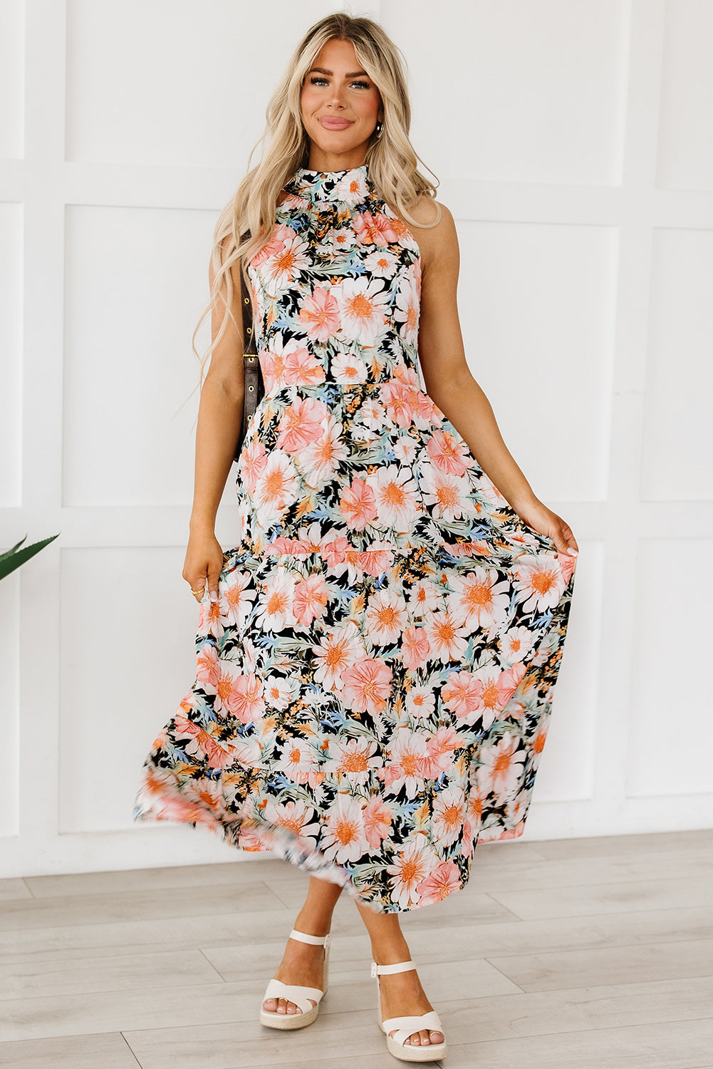 Black Boho Floral Print Knotted Halter Ruffled Maxi Dress