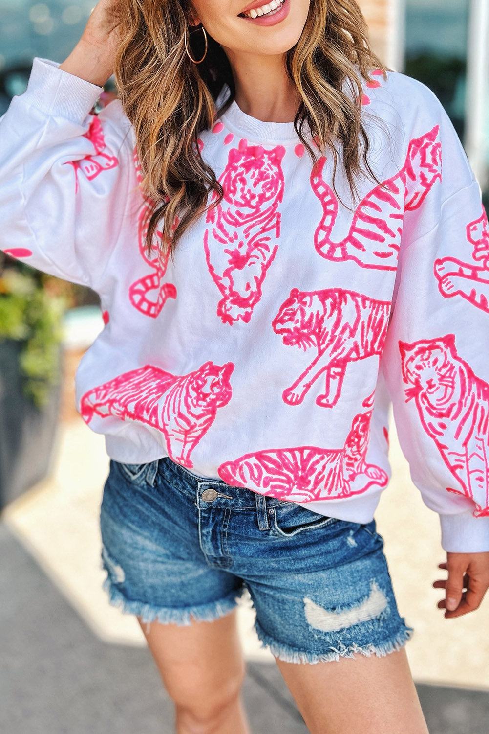 Bright White Pink Animal Print Pullover Sweatshirt