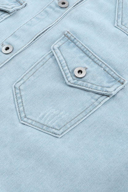 Sky Blue Flap Pocket Buttoned Raw Hem Denim Jacket