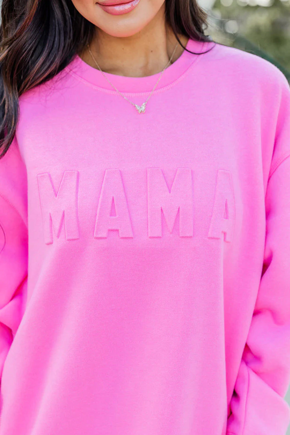 Bright Pink MAMA Letter Embossed Casual Sweatshirt