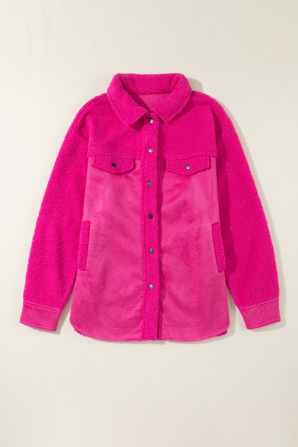 Bright Pink Faux Suede Sherpa Patchwork Button-up Shacket