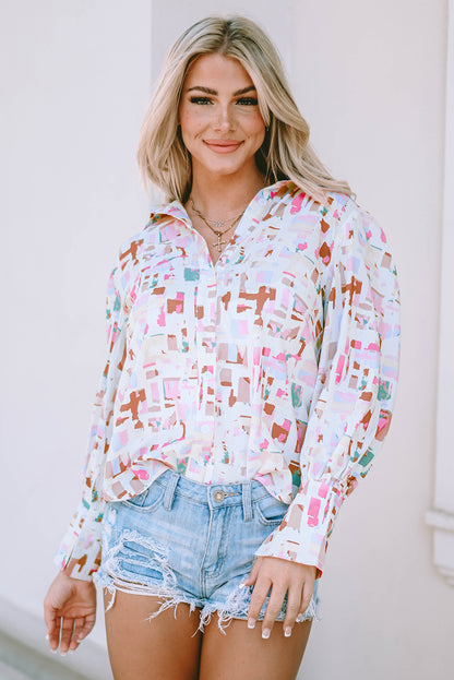 Multicolor Abstract Print Lantern Sleeve Casual Shirt