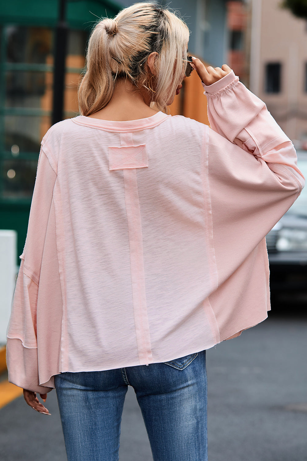 Pink Exposed Seam Chest Pocket Loose Sleeve Oversized Top