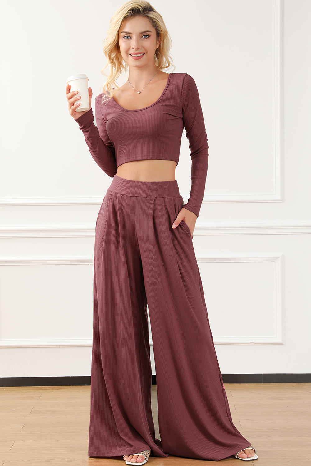 Solid Color Ribbed Crop Top Long Pants Set