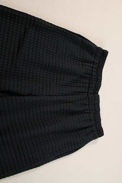 Black Lattice Textured Cropped Tee and Jogger Pants Set