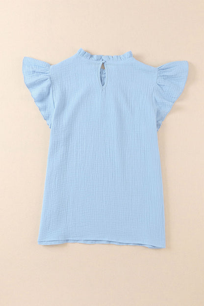 Sky Blue Flutter Sleeve Frilled Neck Textured Blouse