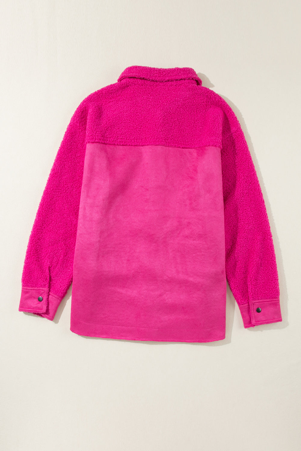 Bright Pink Faux Suede Sherpa Patchwork Button-up Shacket