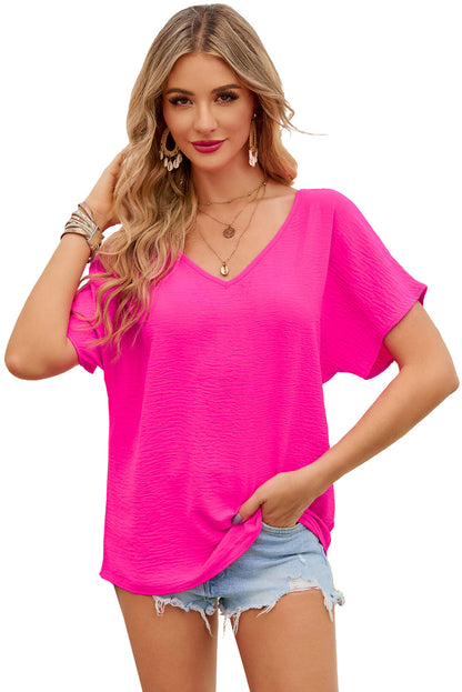 Rose Solid V Neck Short Sleeve Blouse