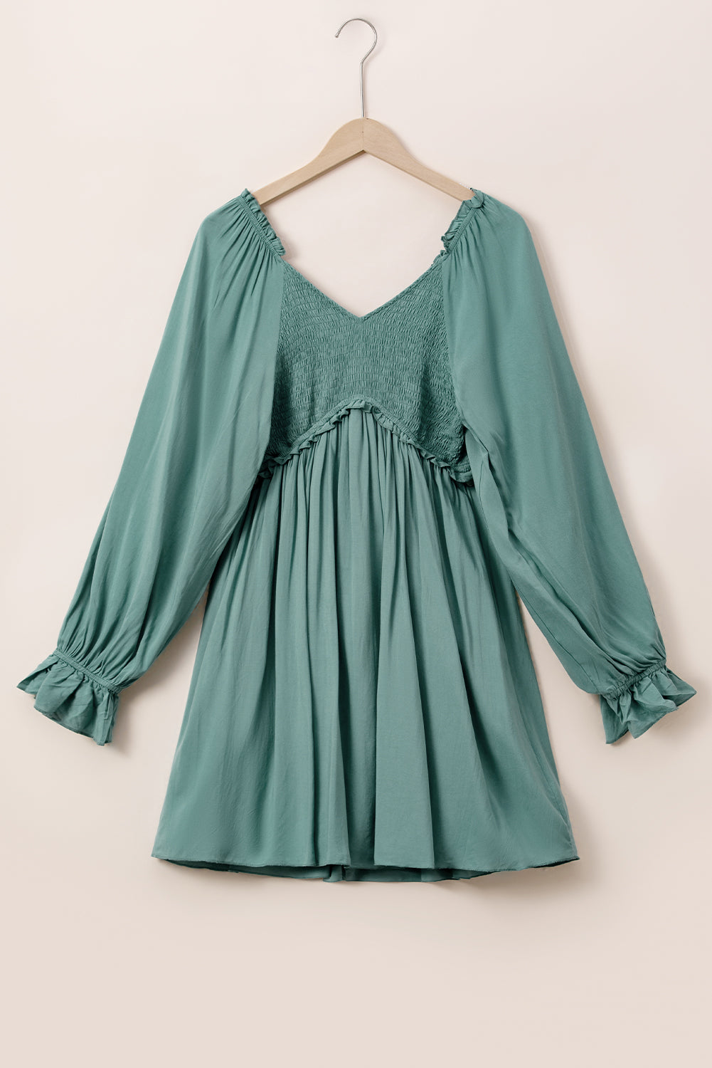 Mist Green Smocked Ruffled Bubble Sleeve Flowy Short Dress