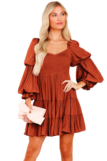 Brown Boho Solid Shirred Ruffle Mini Dress