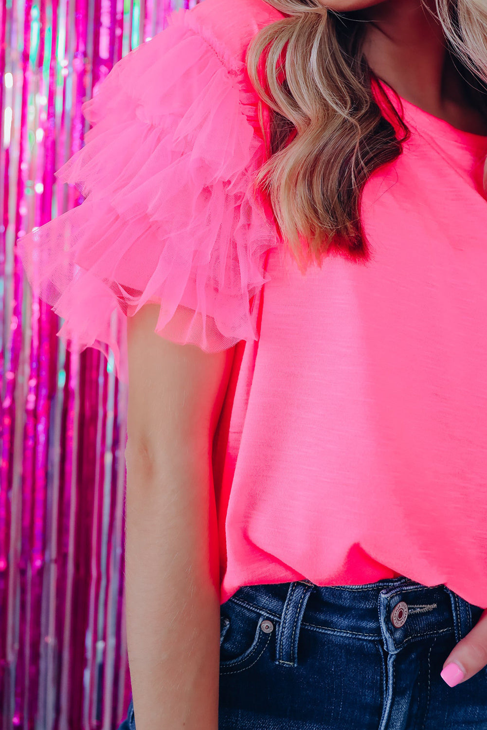 Pink Tulle Ruffle Sleeve Top