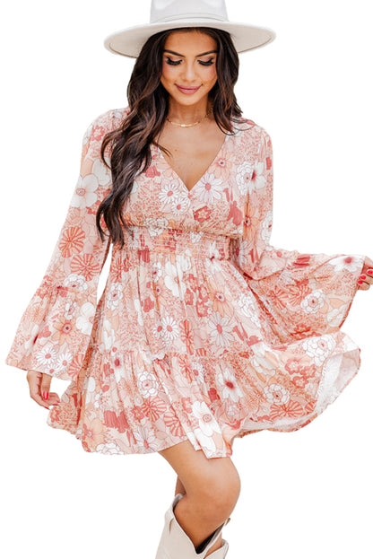 Floral Smocked High Waist Bell Sleeve Mini Dress