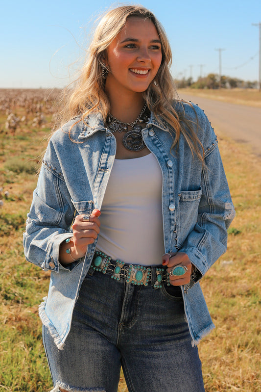 Sky Blue Studded Acid Wash Denim Jacket