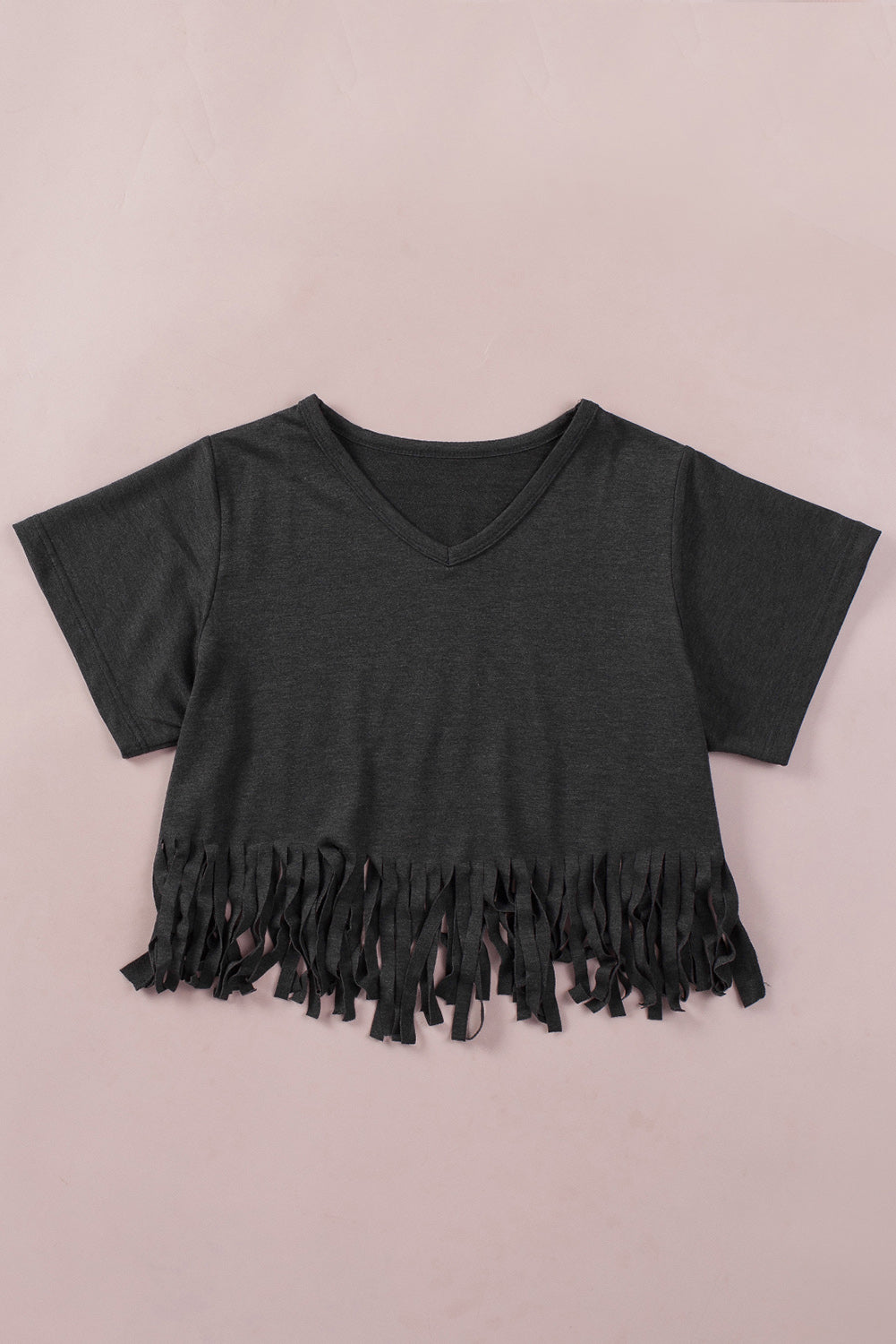 Black Fringe Hem V Neck T Shirt