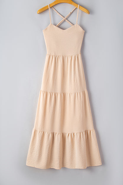 Oatmeal Crossover Backless Bodice Tiered Maxi Dress