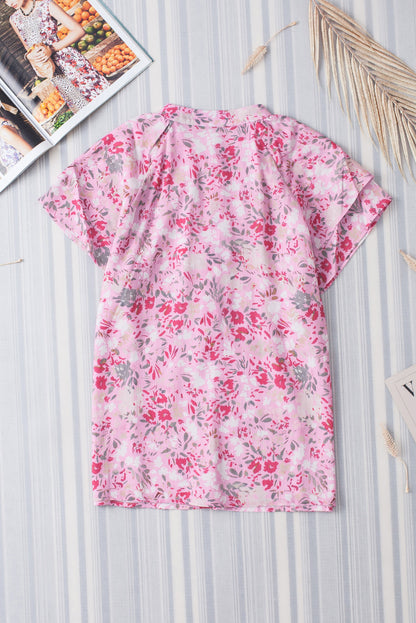 Pink Floral Mandarin Collar Top