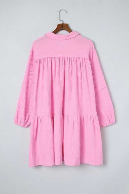 Pink Turn-down Neck Textured Bubble Sleeve Dress