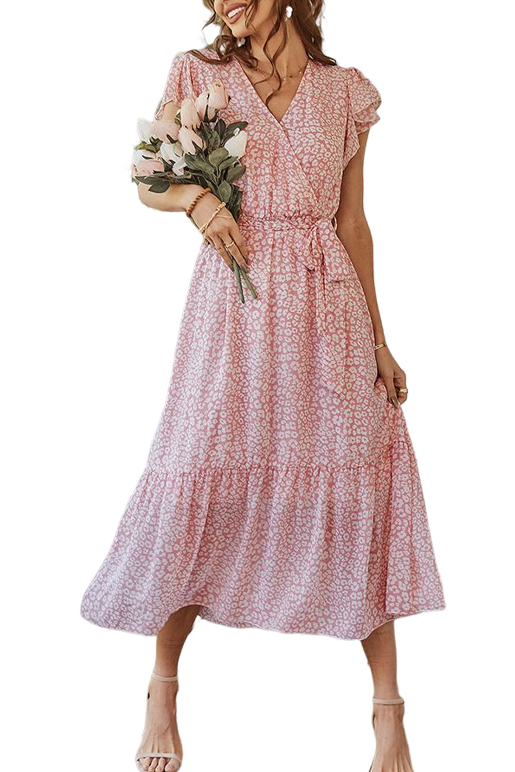 Pink Leopard Surplice Ruffled Sleeve Tiered Long Dress