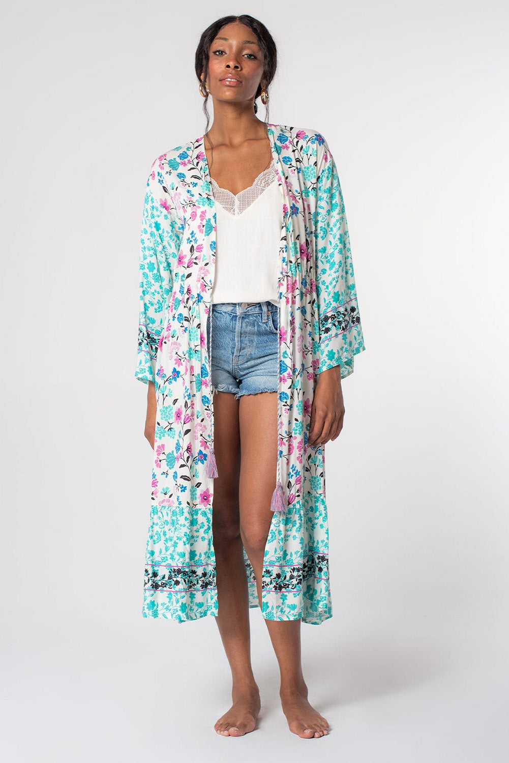 Multicolor Long Sleeve Tassel Tie Floral Kimono