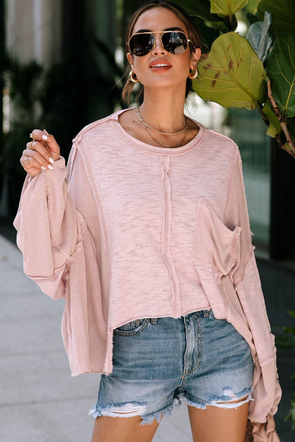 Pink Exposed Seam Chest Pocket Loose Sleeve Oversized Top