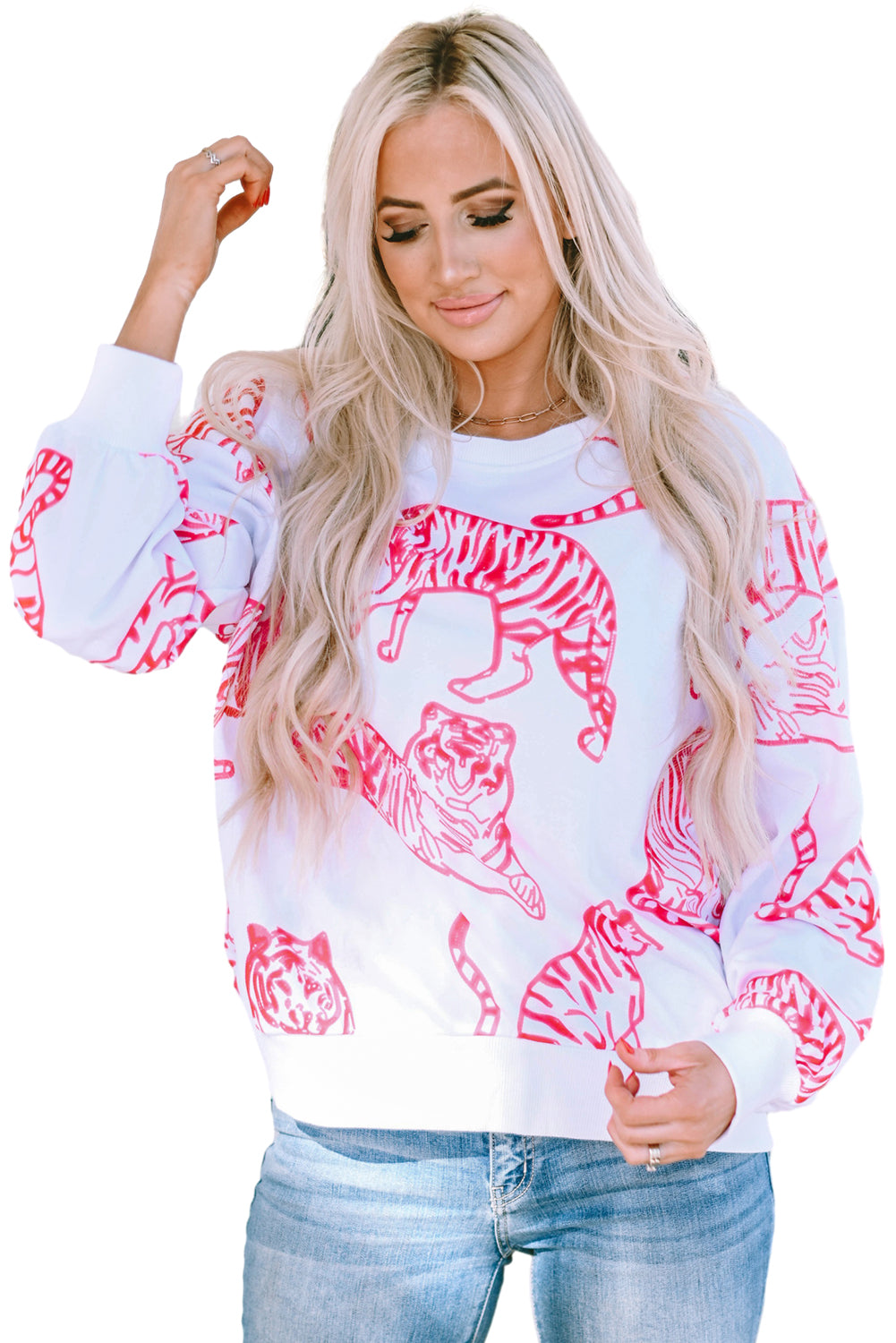 Bright White Pink Animal Print Pullover Sweatshirt