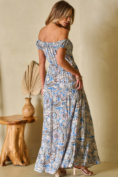 Blue Boho Paisley Print Off Shoulder Maxi Dress