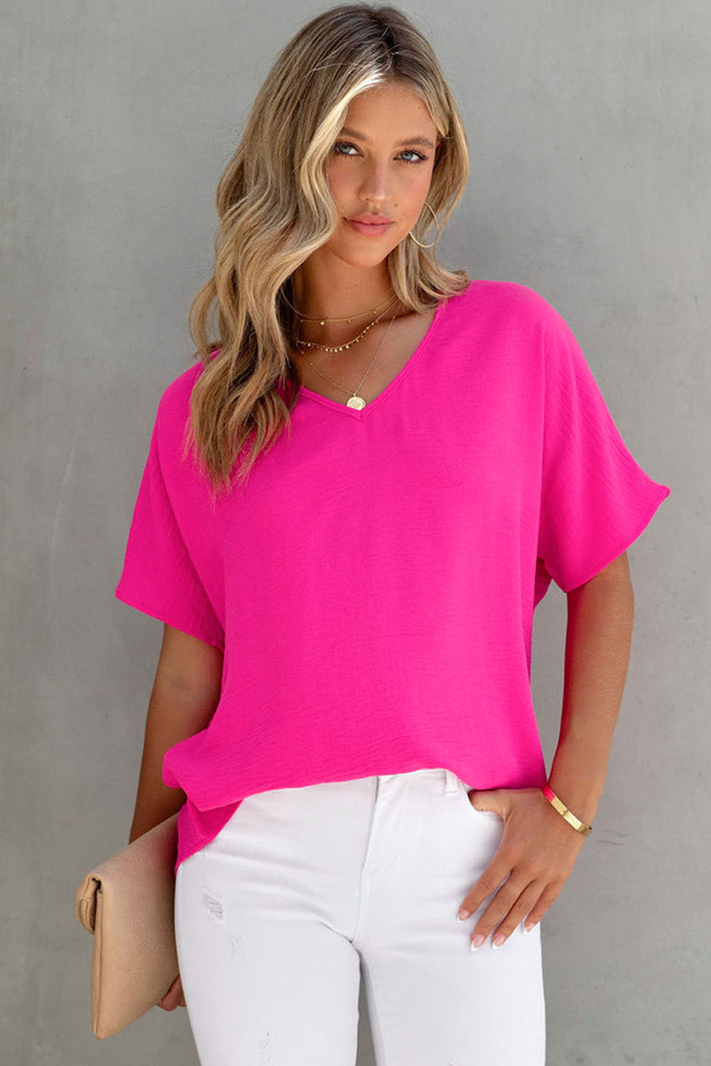 Rose Solid V Neck Short Sleeve Blouse