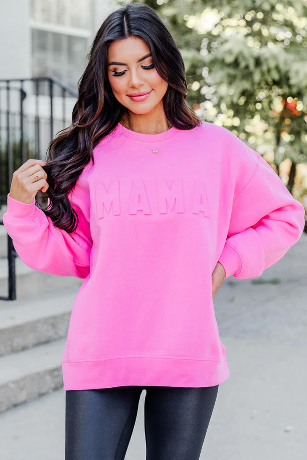 Bright Pink MAMA Letter Embossed Casual Sweatshirt