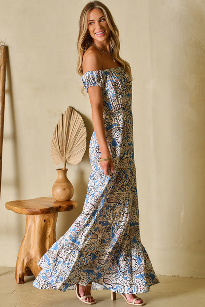 Blue Boho Paisley Print Off Shoulder Maxi Dress