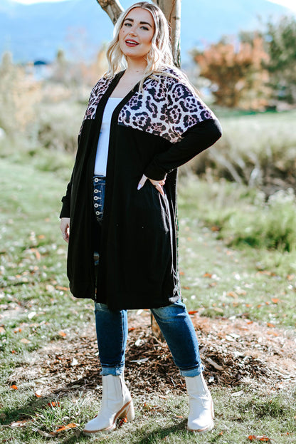 Black Leopard Detail Plus Size Cardigan