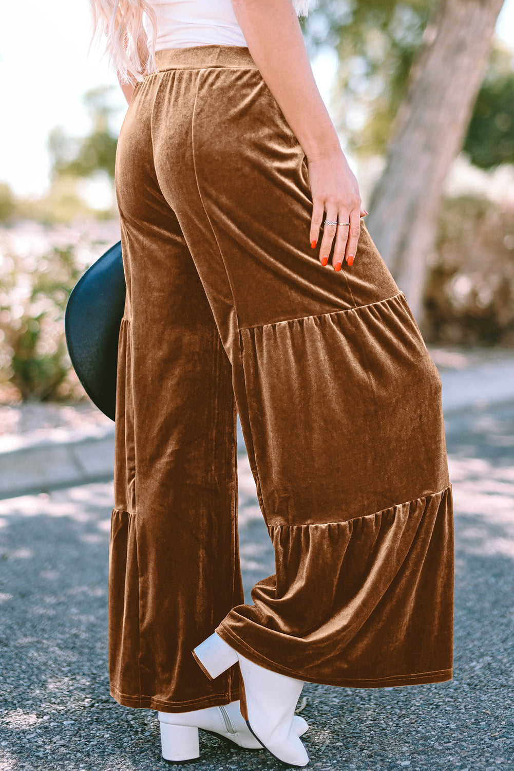 Chestnut Ruffle Hem Wide Leg Velvet Pants