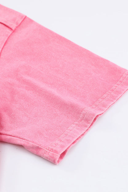 Pink Acid Wash Lace Patch Pocket T-Shirt